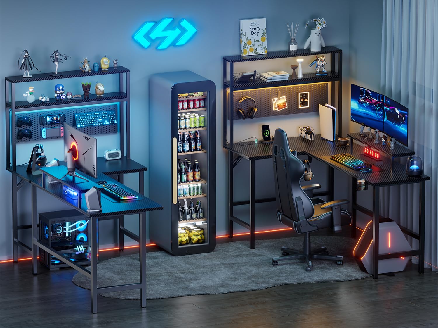 HLDIRECT L Shaped Gaming Desk, Reversible 59 Inch Computer Desk with Power Outlet & LED Lights- L Shaped Desk with Shelves and Monitor Stand, Carbon Fiber Corner Desk with Cup Holder & 2 Hooks