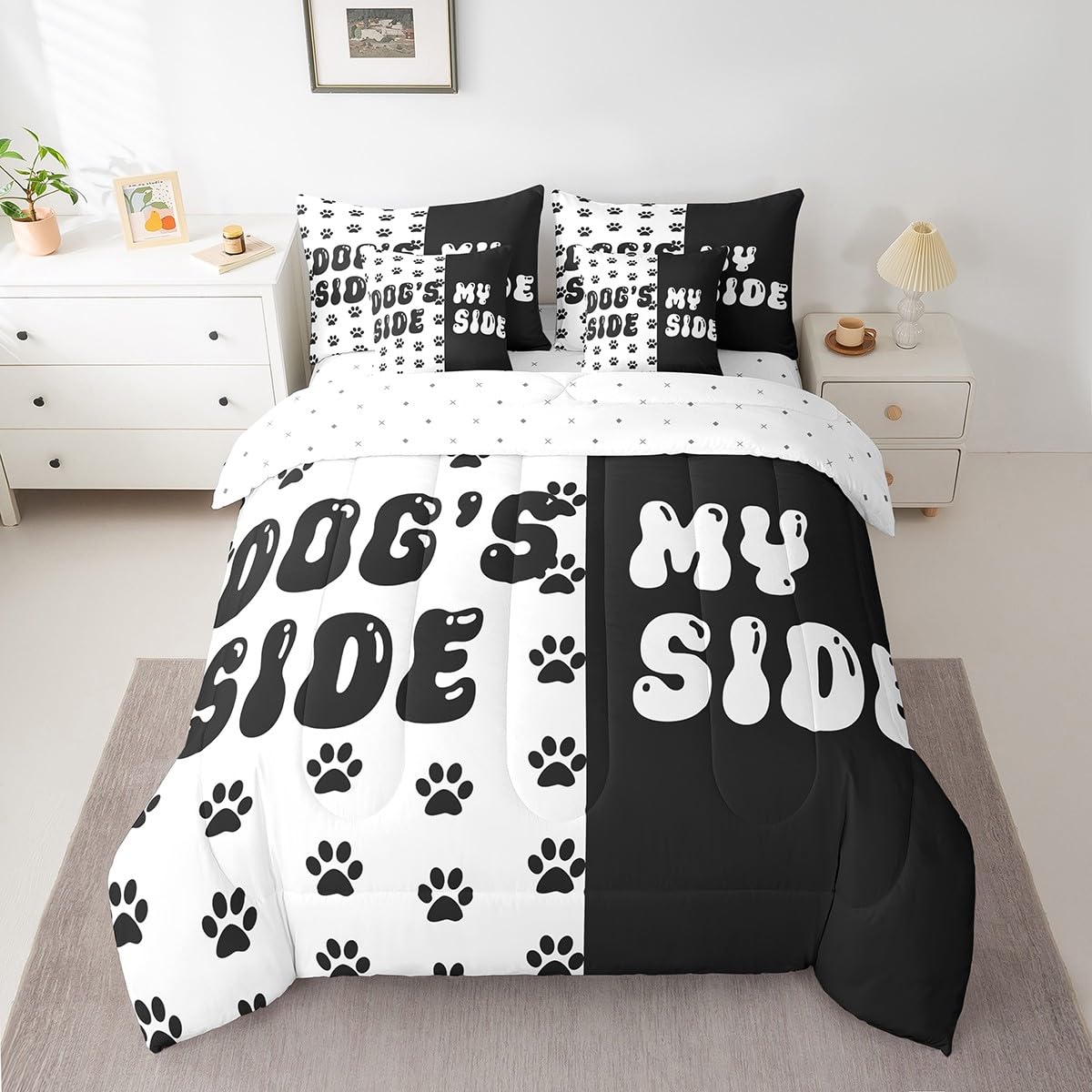 7 Pieces King Size Cute Dog Paws Print Comforter Set,Dog Side My Side Bedding Set for Boys Girls,Kawaii Puppy Animal Pet Rustic (Comforter+Fitted+Flat Sheet+2 Pillowcases+2 Throw Pillow Covers)