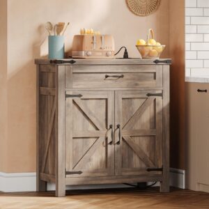 uposoja farmhouse buffet cabinet with drawers, barn doors buffet storage cabinet, sideboard, credenza with adjustable shelves for kitchen, dining room, living room (old gray, 31.4in)