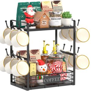 esluker.ly 2 tier coffee bar organizer countertop station shelf for home office, multi-functional coffee mug cup holder stand, accessory storage rack with 12 hooks, space-saving coffee nook enhancer