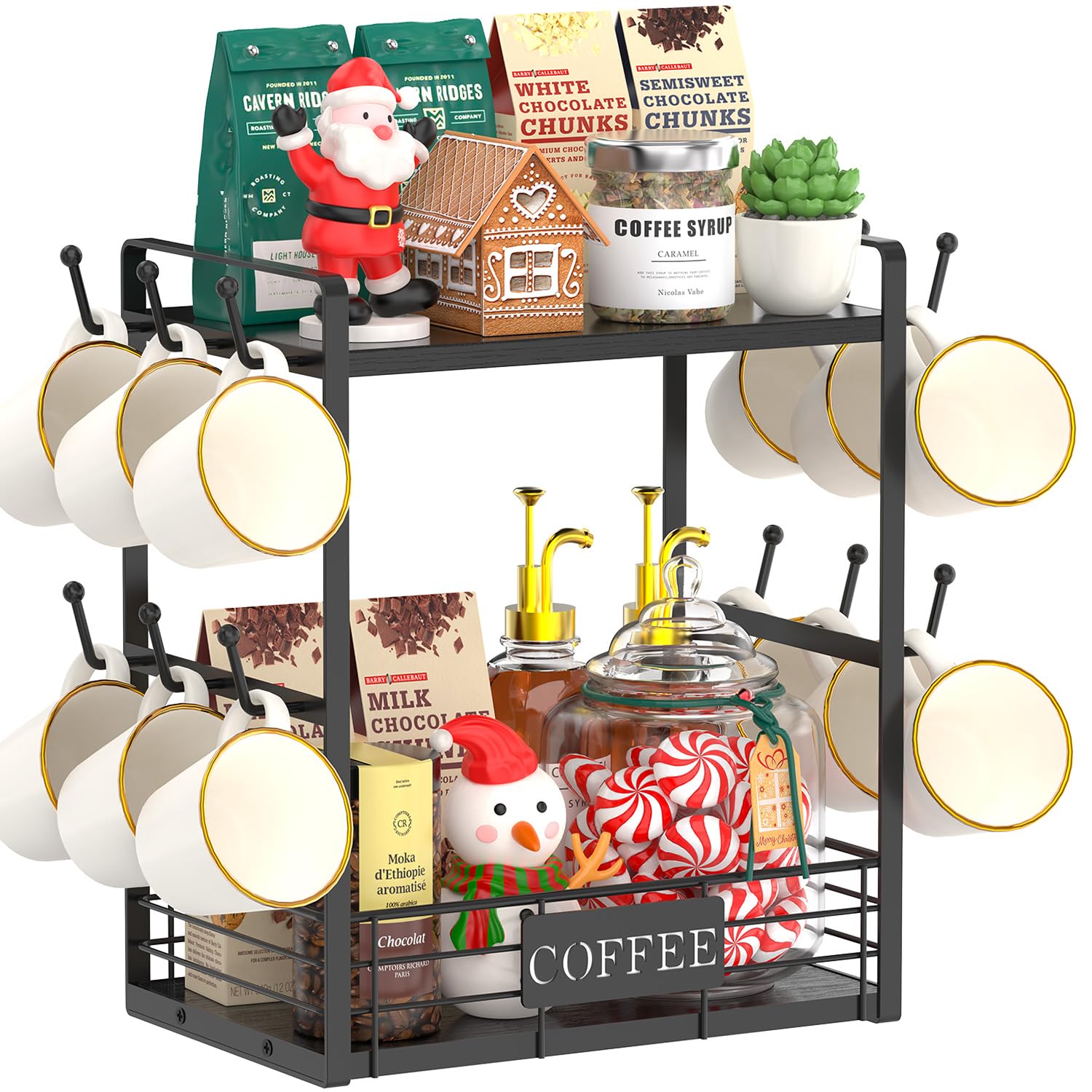 EsLuker.ly 2 Tier Coffee Bar Organizer Countertop Station Shelf for Home Office, Multi-functional Coffee Mug Cup Holder Stand, Accessory Storage Rack with 12 Hooks, Space-Saving Coffee Nook Enhancer