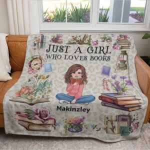 SATIGI Personailized Book Blanket, Just A Girl Who Loves Book Blanket, Customize Book Reading Blanket and Throw Book Lovers Daughter Gift (Girl Love Book Design 01, Small/Medium/Large/X-Large)