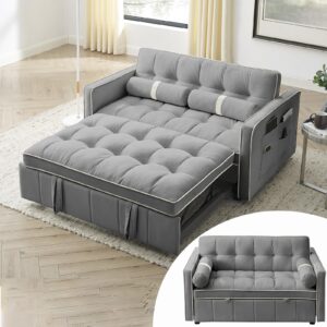 spoway 3 in 1 sleeper sofa couch bed, 55'' velvet pull out bed couch, loveseats sleeper with storage side pocket, adjustable backrest and lumbar pillows for living room, grey