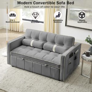 SPOWAY 3 in 1 Sleeper Sofa Couch Bed, 55'' Velvet Pull Out Bed Couch, Loveseats Sleeper with Storage Side Pocket, Adjustable Backrest and Lumbar Pillows for Living Room, Grey