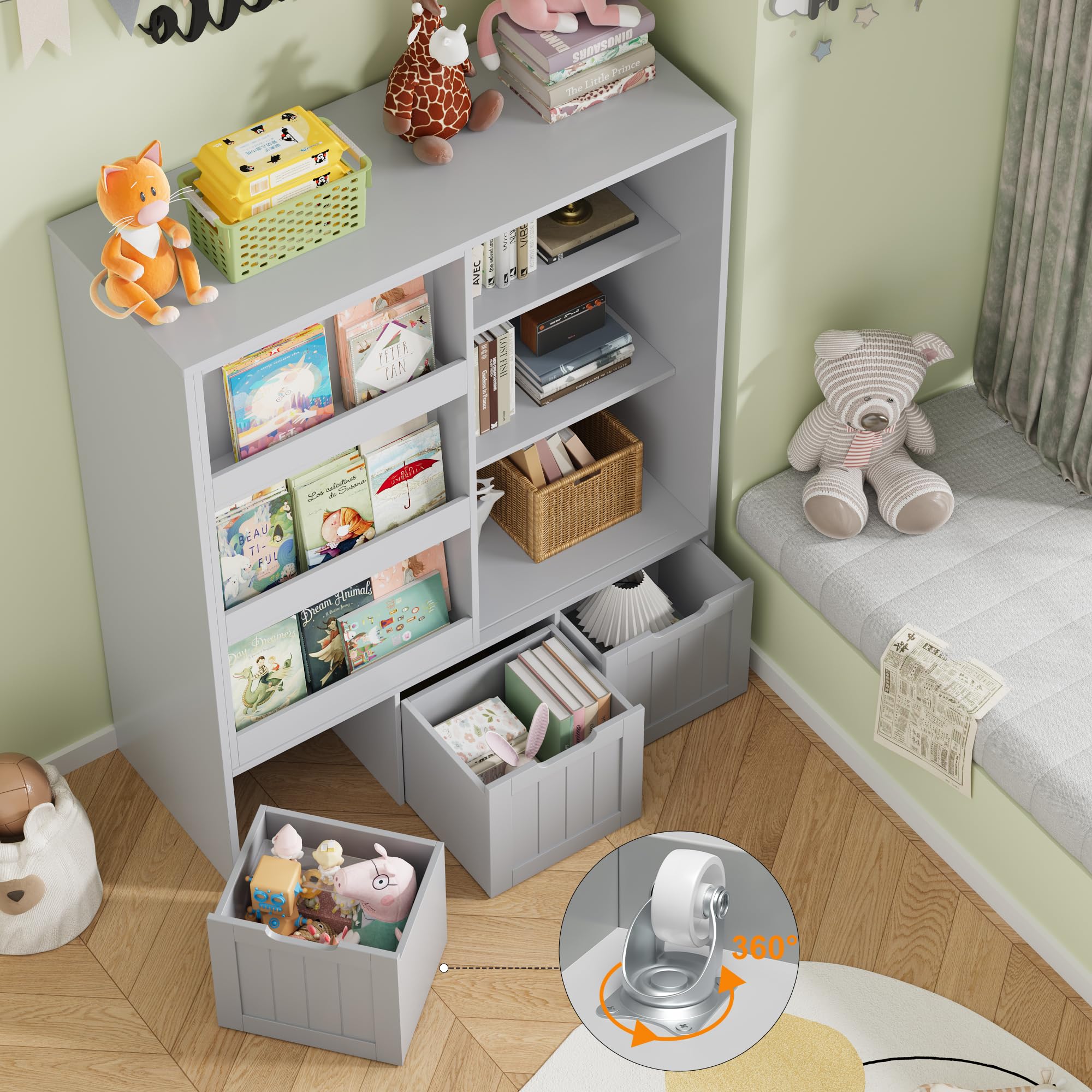 FOTOSOK Toy Storage Organizer with Sliding Book Shelf, Toy Organizers and Storage with 3 Movable Drawers and 6 Storage Cubbies, Playroom Organization and Storage Kids Bookshelf for Playroom, Bedroom