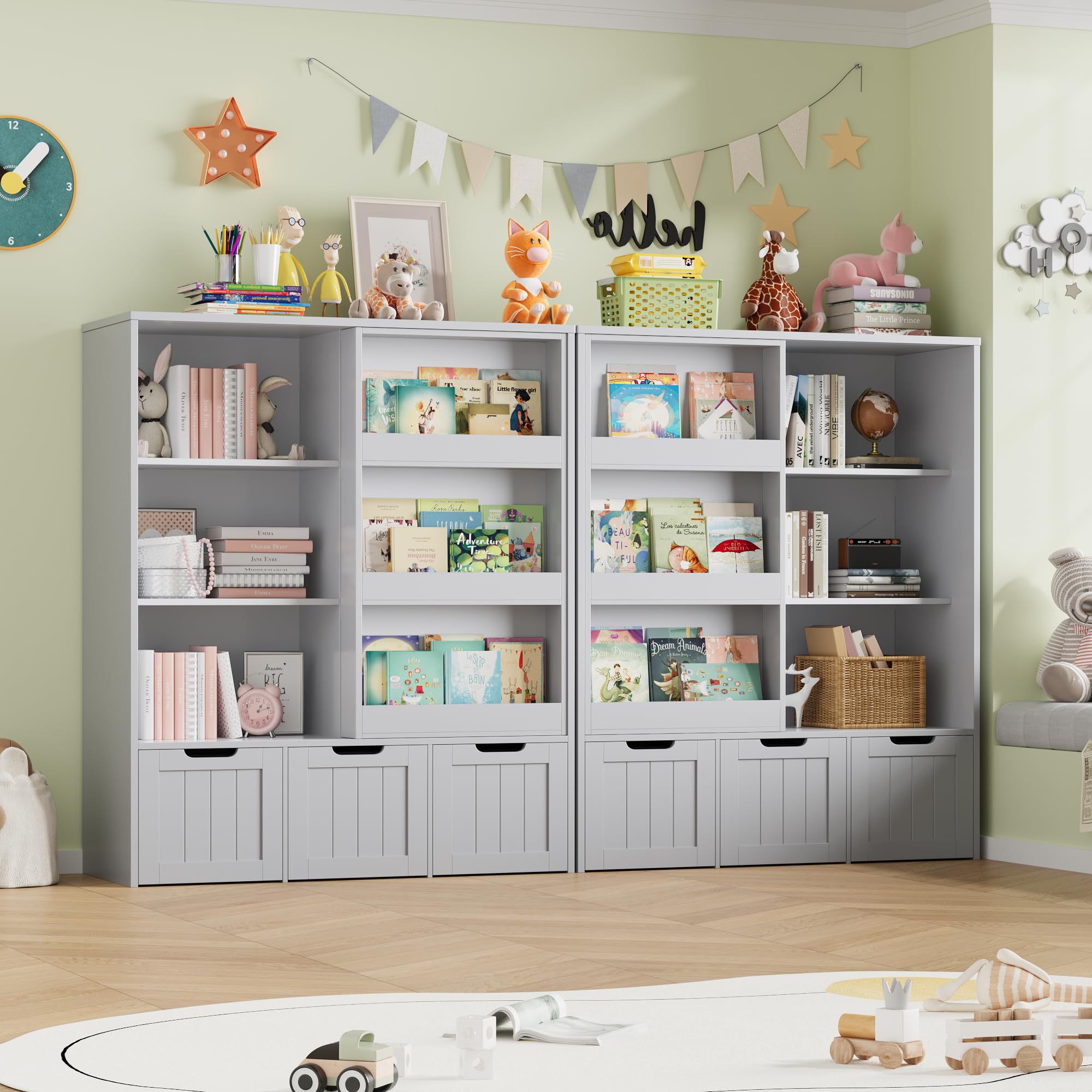 FOTOSOK Toy Storage Organizer with Sliding Book Shelf, Toy Organizers and Storage with 3 Movable Drawers and 6 Storage Cubbies, Playroom Organization and Storage Kids Bookshelf for Playroom, Bedroom