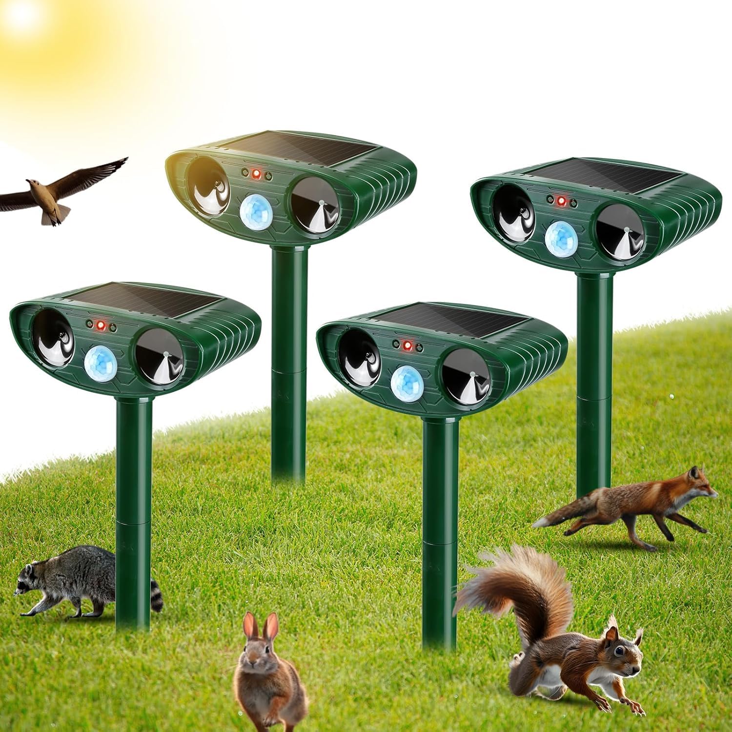 Pack of 4 Ultrasonic Animal Repeller Solar Animal Repellent Cat Repellent Outdoor Squirrel Repellent Deer Repellent Devices Repel, Deer, Rabbit, Raccoon, Dog, Skunk Waterproof with Motion Sensor