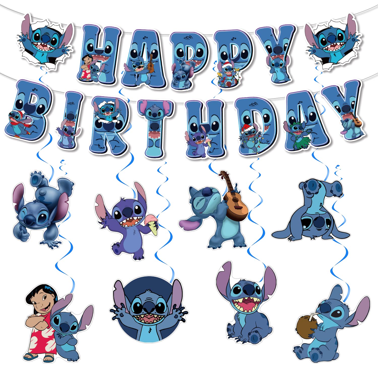 Cartoon Birthday Decorations Happy Birthday Banner Hanging Swirls for Birthday Party Supplies