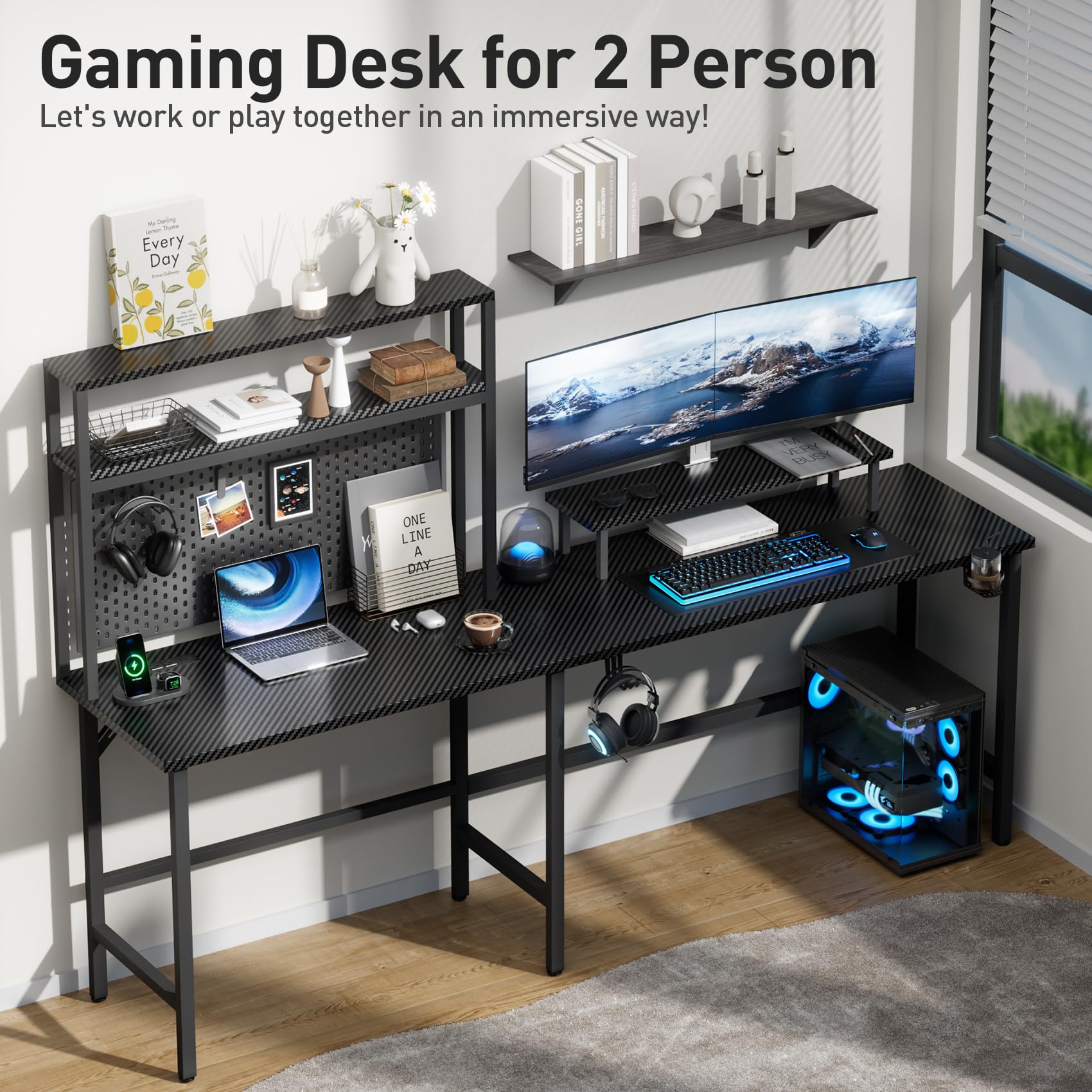 HLDIRECT L Shaped Gaming Desk, Reversible 59 Inch Computer Desk with Power Outlet & LED Lights- L Shaped Desk with Shelves and Monitor Stand, Carbon Fiber Corner Desk with Cup Holder & 2 Hooks