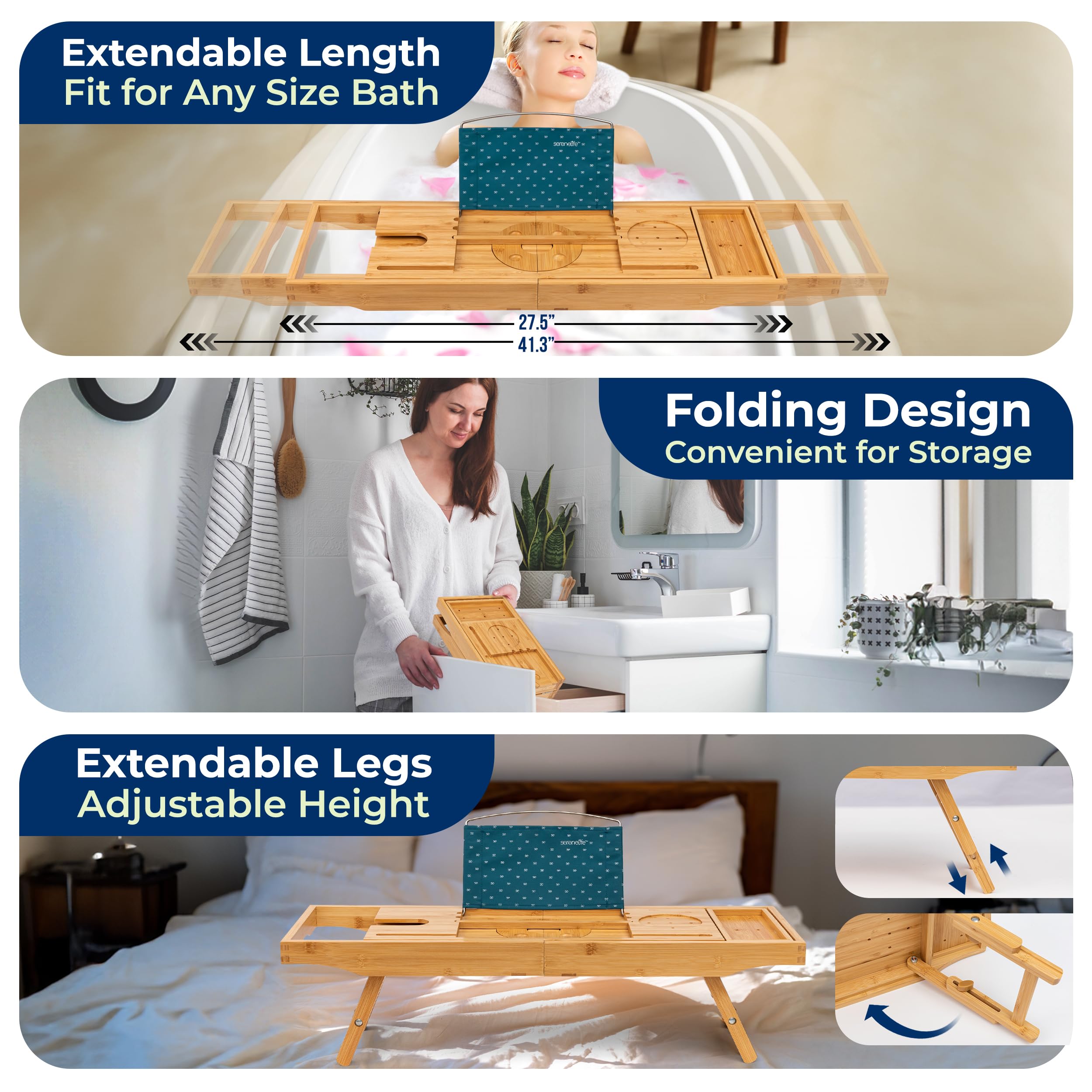 SereneLife 2 in 1 Bed and Bath Tray - Foldable Bamboo Bathtub Caddy with Adjustable Length, Non-Slip, Device Holder, Wine Glass Slot, Expandable for Comfortable Bathing (Folding, Soft Back, Gift Set)