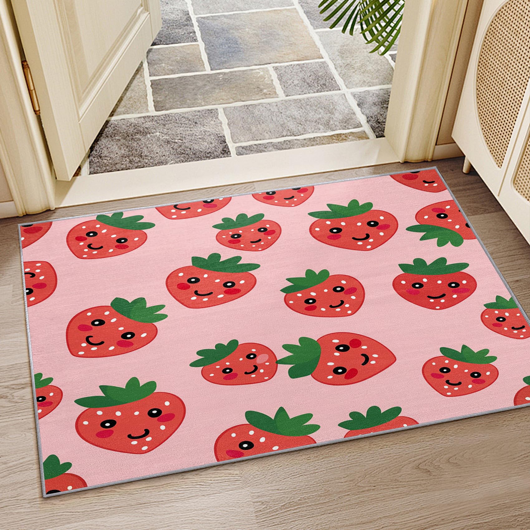 Yoozitrees Strawberry Rug Kawaii - Strawberry Rug, 5x6 Rug, Cute Cartoon Red Fruit Pink Area Rug, Kids Nursery Playroom Carpet, Washable & Non Slip & Soft Large Rugs, Strawberry Home Decor