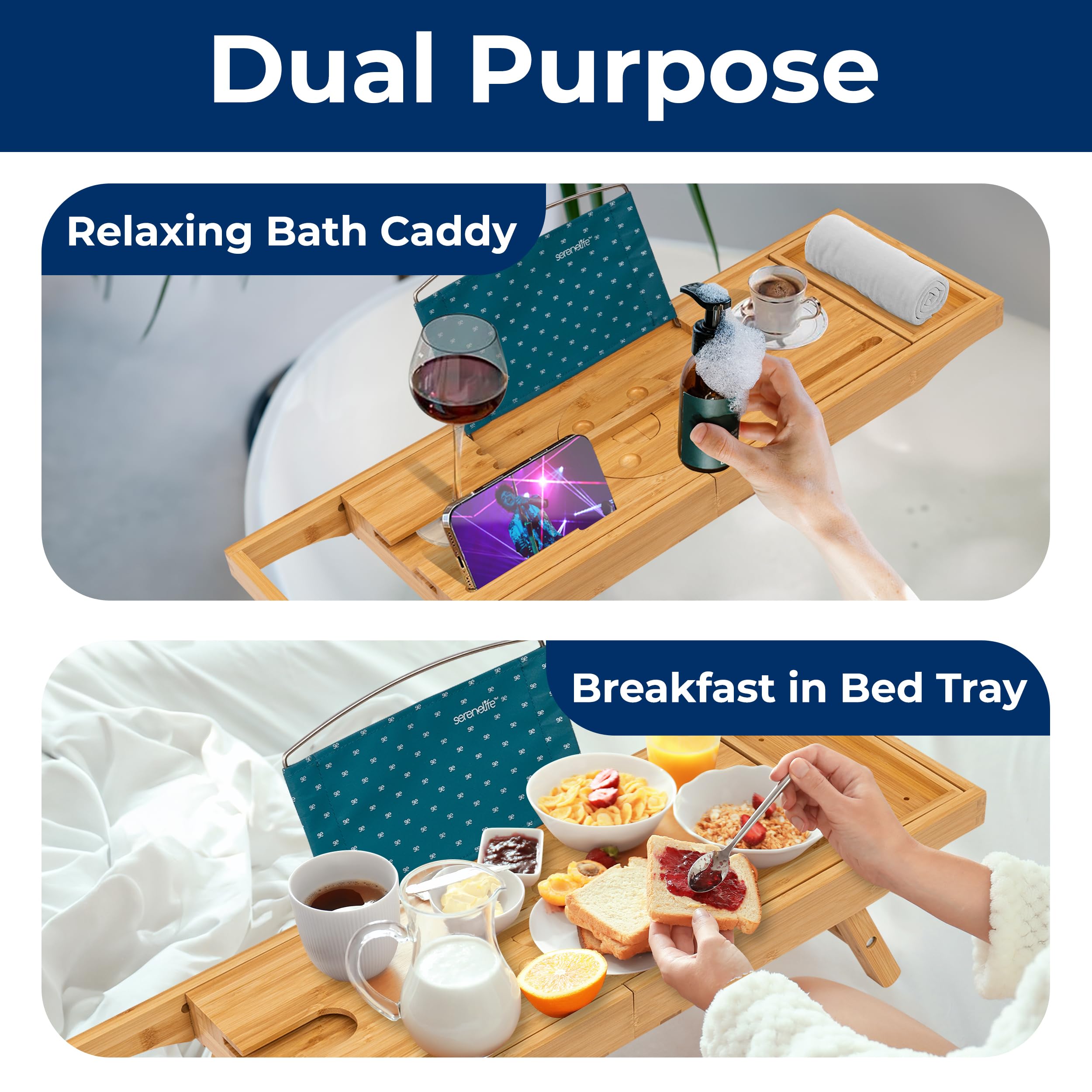 SereneLife 2 in 1 Bed and Bath Tray - Foldable Bamboo Bathtub Caddy with Adjustable Length, Non-Slip, Device Holder, Wine Glass Slot, Expandable for Comfortable Bathing (Folding, Soft Back, Gift Set)