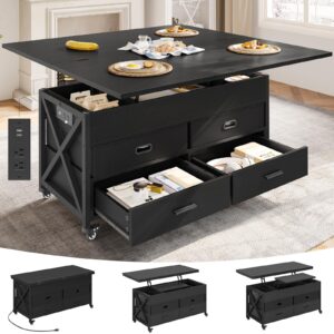 uposoja lift top coffee table with storage, 4 in 1 square center table with 4 casters, lift tabletop dining table for living room with built-in power outlet 4 drawers hidden compartment (black)