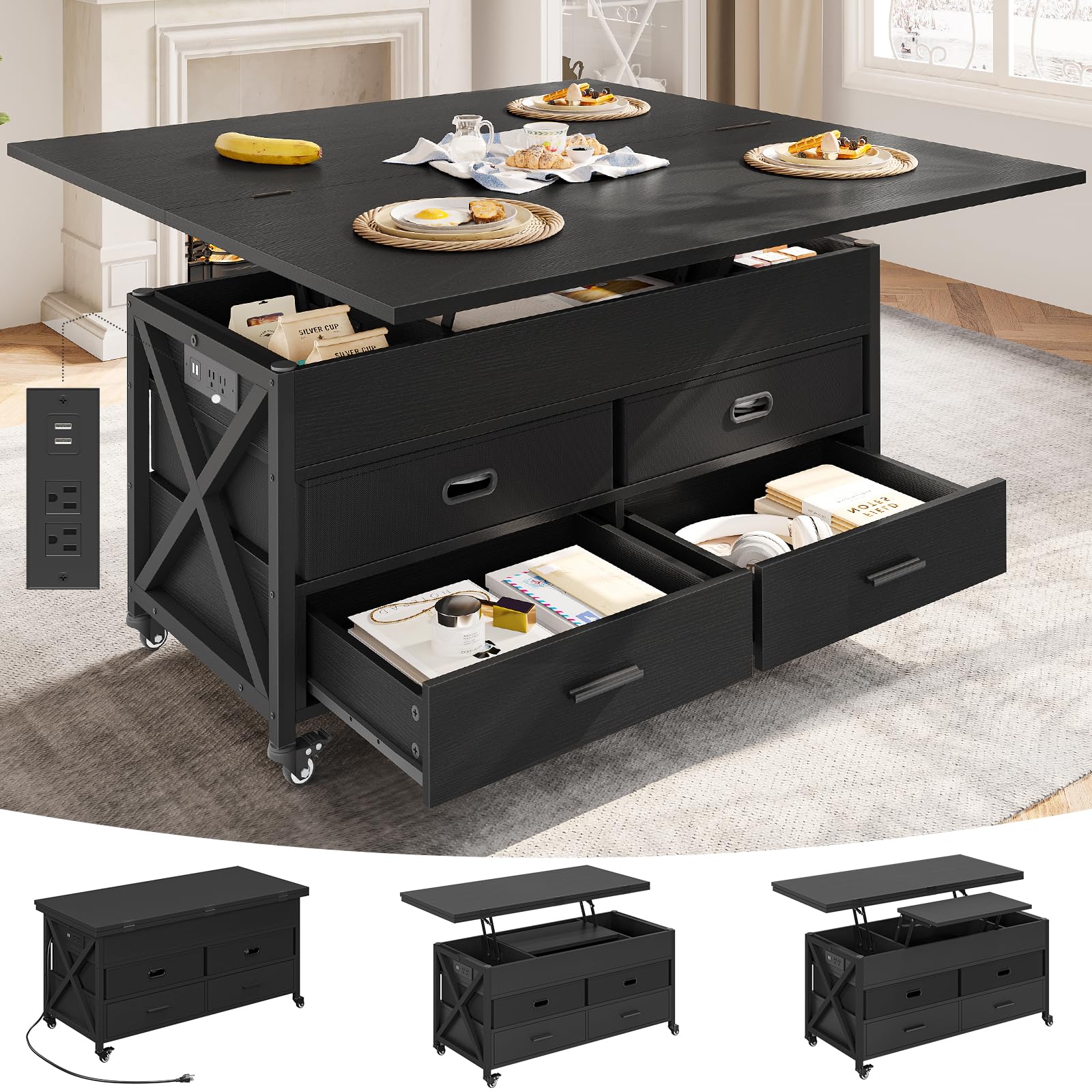 UPOSOJA Lift Top Coffee Table with Storage, 4 in 1 Square Center Table with 4 Casters, Lift Tabletop Dining Table for Living Room with Built-in Power Outlet 4 Drawers Hidden Compartment (Black)