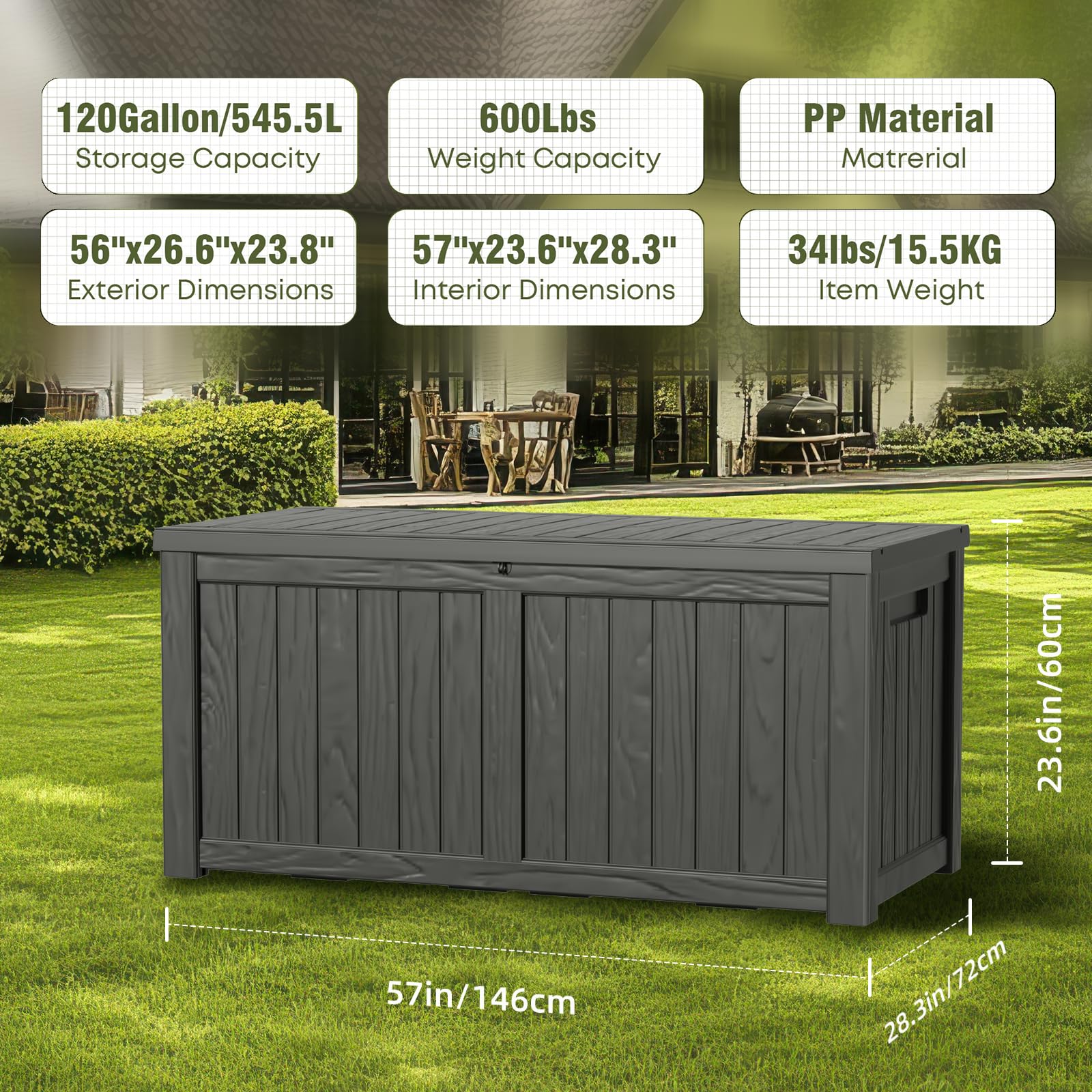 MAIUSCOLI 120 Gallon Outdoor Storage Box - Deck Box Waterproof Patio Furniture, Garden Tools, Cushions, Pool Accessories Outside Storage Resin Box,Black