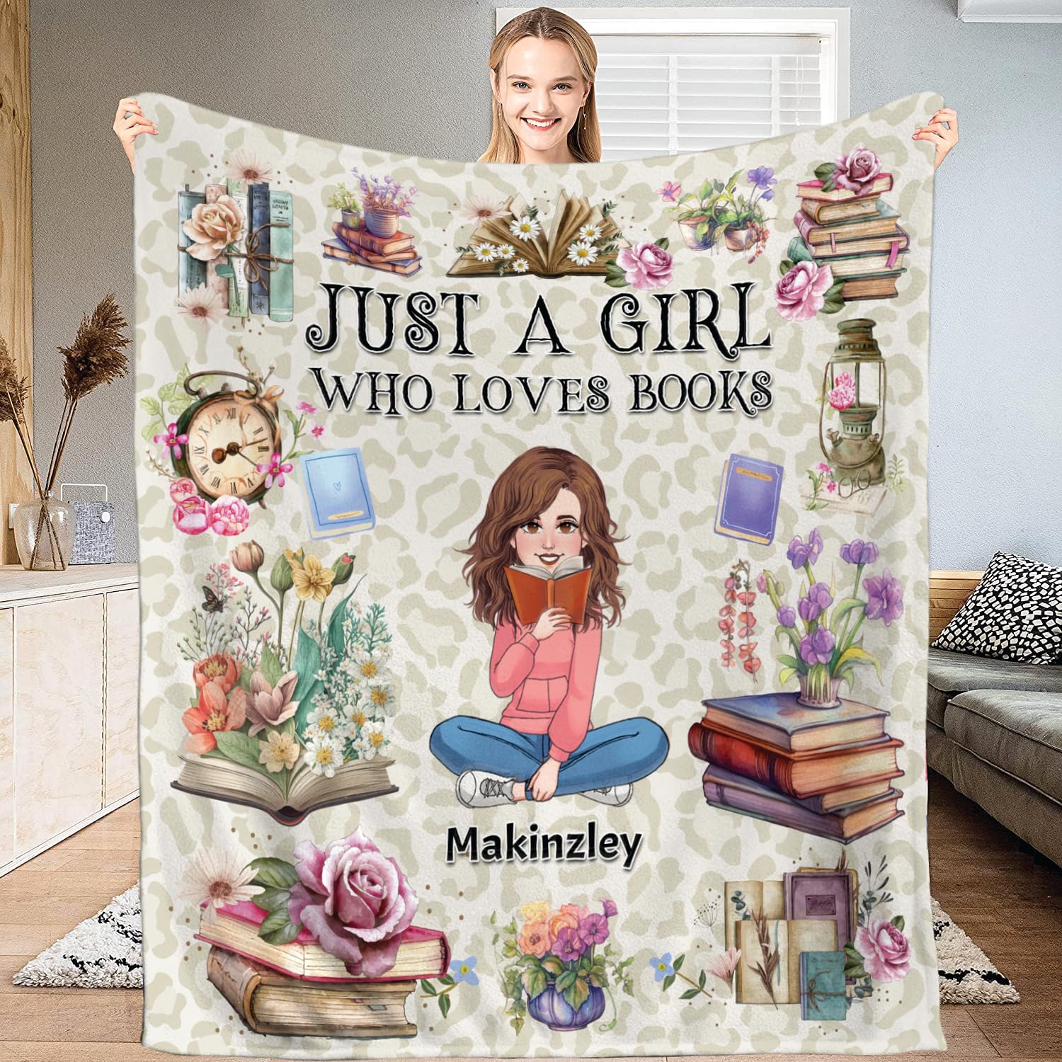 SATIGI Personailized Book Blanket, Just A Girl Who Loves Book Blanket, Customize Book Reading Blanket and Throw Book Lovers Daughter Gift (Girl Love Book Design 01, Small/Medium/Large/X-Large)