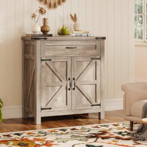 UPOSOJA Farmhouse Buffet Cabinet with Drawers, Barn Doors Buffet Storage Cabinet, Sideboard, Credenza with Adjustable Shelves for Kitchen, Dining Room, Living Room (Old Gray, 31.4in)