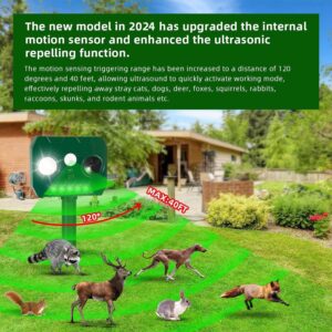 2024 Solar Animal Repellent Outdoor Ultrasonic Cat Deterrent with Flash Light & Motion Sensor for Raccoon Squirrel Cat Deer Skunk Rabbit Coyote Dog, Deer Repellent Raccoon Repellent for Yard, 4 Pack