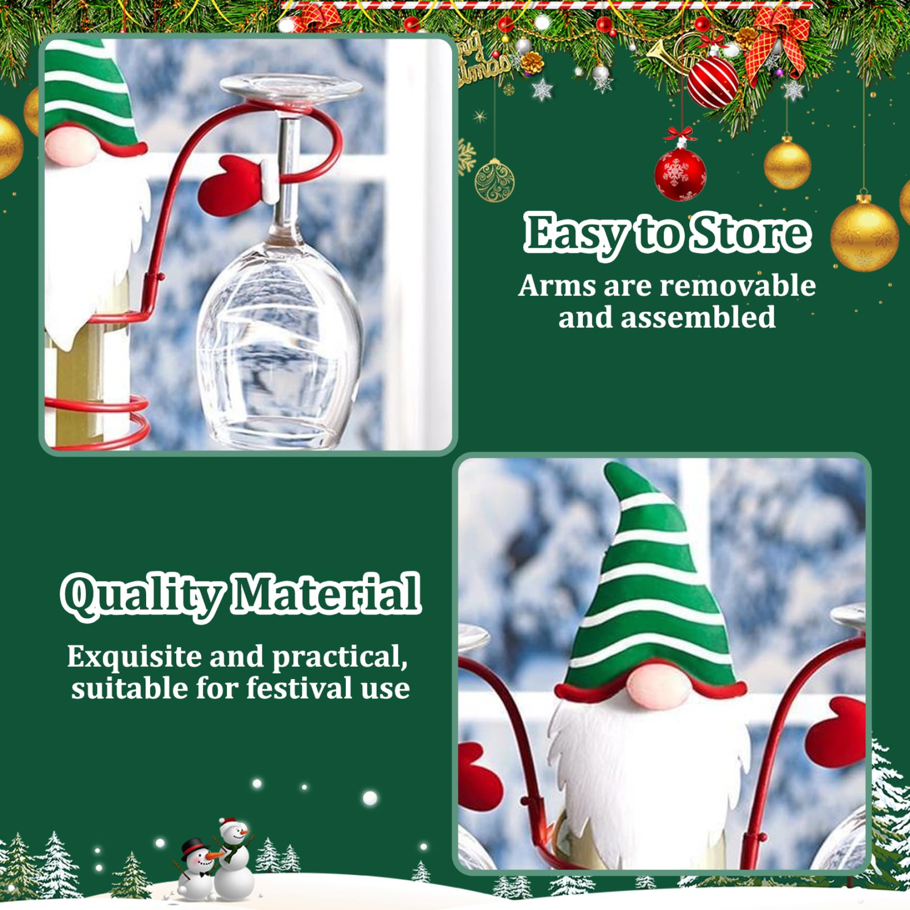 CAKEEYUM Wine Glass Holder, Christmas Glass Wine Bottle Holder with Santa Gnome Wine Bottle Glass Desktop Organizer Rack for Bar Home Display Christmas Decor