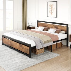 IDEALHOUSE King Size Bed Frame with Wooden Headboard and Footboard, Industrial King Bed Platform No Box Spring Needed, 14 Inch Easy Assemble Mattress Bedframe, King