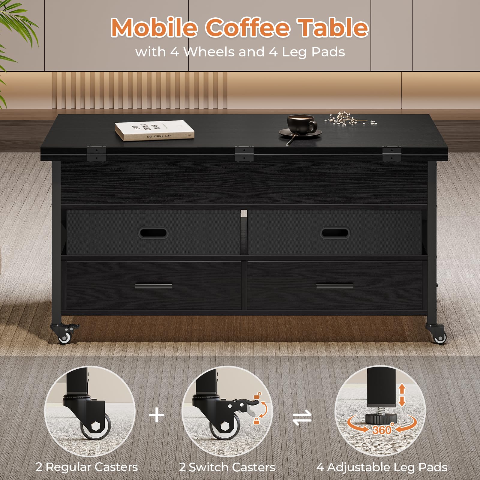 UPOSOJA Lift Top Coffee Table with Storage, 4 in 1 Square Center Table with 4 Casters, Lift Tabletop Dining Table for Living Room with Built-in Power Outlet 4 Drawers Hidden Compartment (Black)