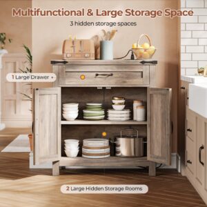 UPOSOJA Farmhouse Buffet Cabinet with Drawers, Barn Doors Buffet Storage Cabinet, Sideboard, Credenza with Adjustable Shelves for Kitchen, Dining Room, Living Room (Old Gray, 31.4in)