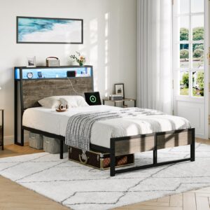 REVOMINCA Twin Bed Frame with Charging Station and LED Lights, Ergonomic Headboard, Metal Platform Bed Frame with Storage Shelves, Heavy Duty Steel Slats, No Noise, Easy Assembly