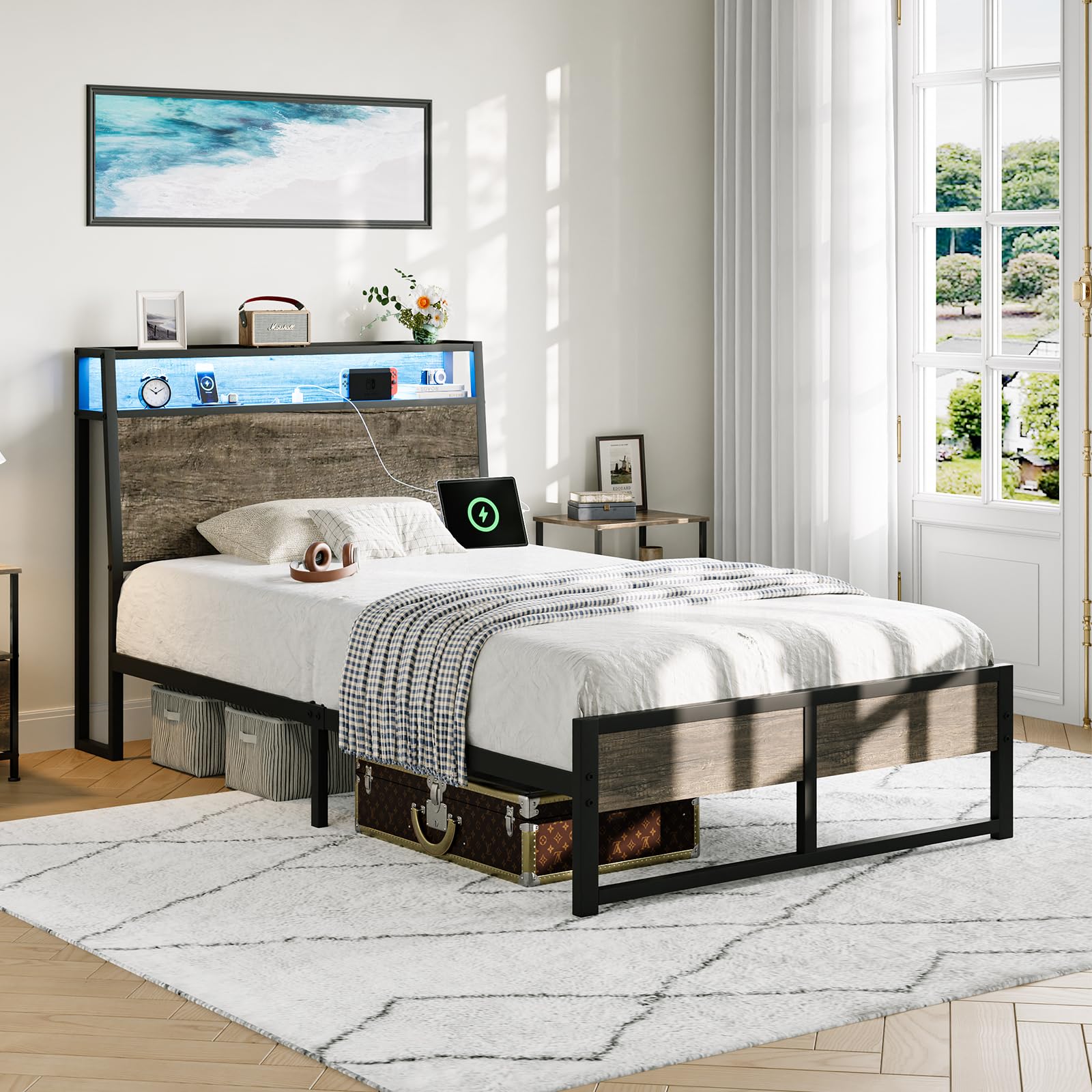 REVOMINCA Twin Bed Frame with Charging Station and LED Lights, Ergonomic Headboard, Metal Platform Bed Frame with Storage Shelves, Heavy Duty Steel Slats, No Noise, Easy Assembly