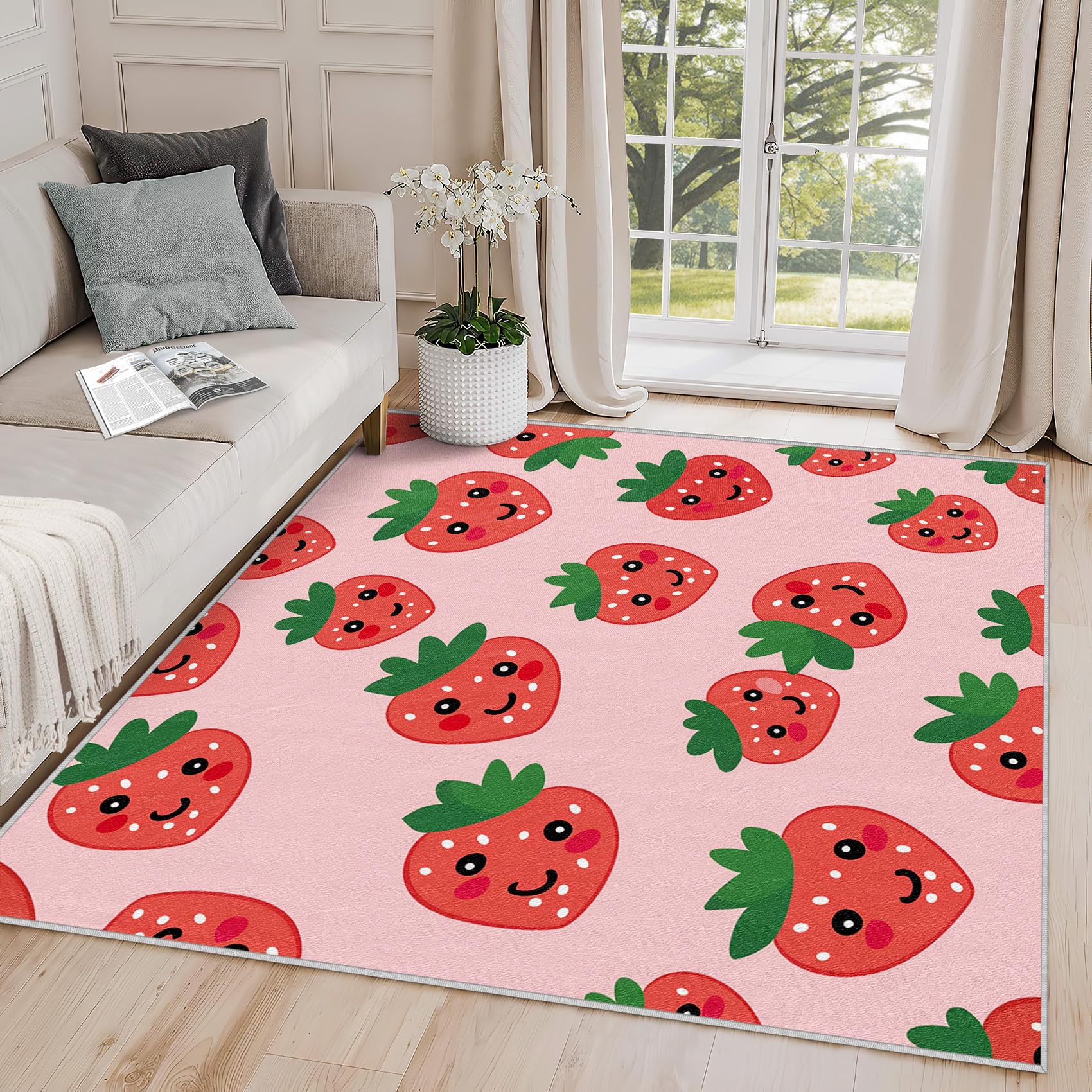 Yoozitrees Strawberry Rug Kawaii - Strawberry Rug, 5x6 Rug, Cute Cartoon Red Fruit Pink Area Rug, Kids Nursery Playroom Carpet, Washable & Non Slip & Soft Large Rugs, Strawberry Home Decor