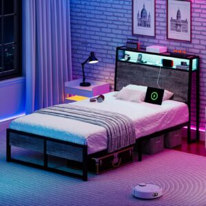 REVOMINCA Twin Bed Frame with Charging Station and LED Lights, Ergonomic Headboard, Metal Platform Bed Frame with Storage Shelves, Heavy Duty Steel Slats, No Noise, Easy Assembly