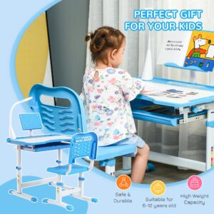 Qaba Kids Desk and Chair Set, Height Adjustable School Desk Chair Set with Tilt Desktop, USB Light, Storage Drawer for Study, Activities, Arts, or Crafts, Blue and White