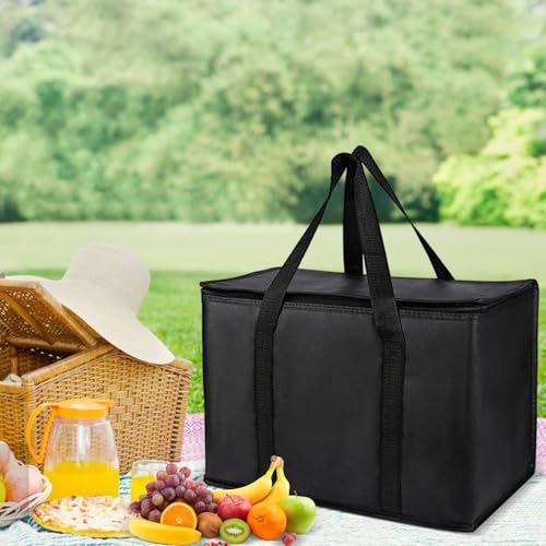 2X Insulated Food Delivery Bag, Foldable Insulated Reusable Grocery Shopping Bags with Zippered Top, C-ollapsible Cooler Bag for Groceries, Large Capacity Thermal Catering Food Bag for Camping Travel