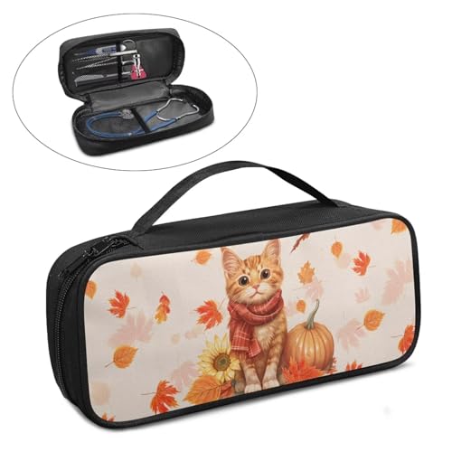 Rnyleeg Fall Stethoscope Holder Case Cute Cat Pumpkin Sunflower Maple Leaf Print Shockproof Stethoscope Carrying Bag Stethoscope Storage Bag for Home