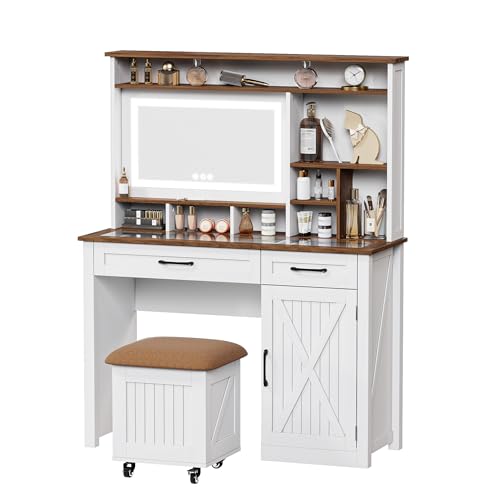 Farmhouse Makeup Vanity Desk with Mirror and Lights, 43" Glass Tabletop Vanity Table with 360° Rolling Stool with Storage, Big Vanity Set for Bedroom, 3 Lighting Modes, 2 Drawers, 1 Cabinet, White