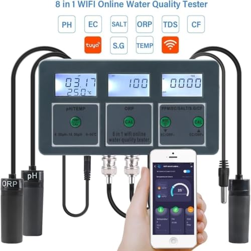 Wrobelax Water Quality Tester Monitor, WiFi Smart 8 in 1 PH Meter Data Logger Temp TDS Salinity S.G. EC ORP High Precise Analyzer for Water Sources, Aquarium, Hydroponics