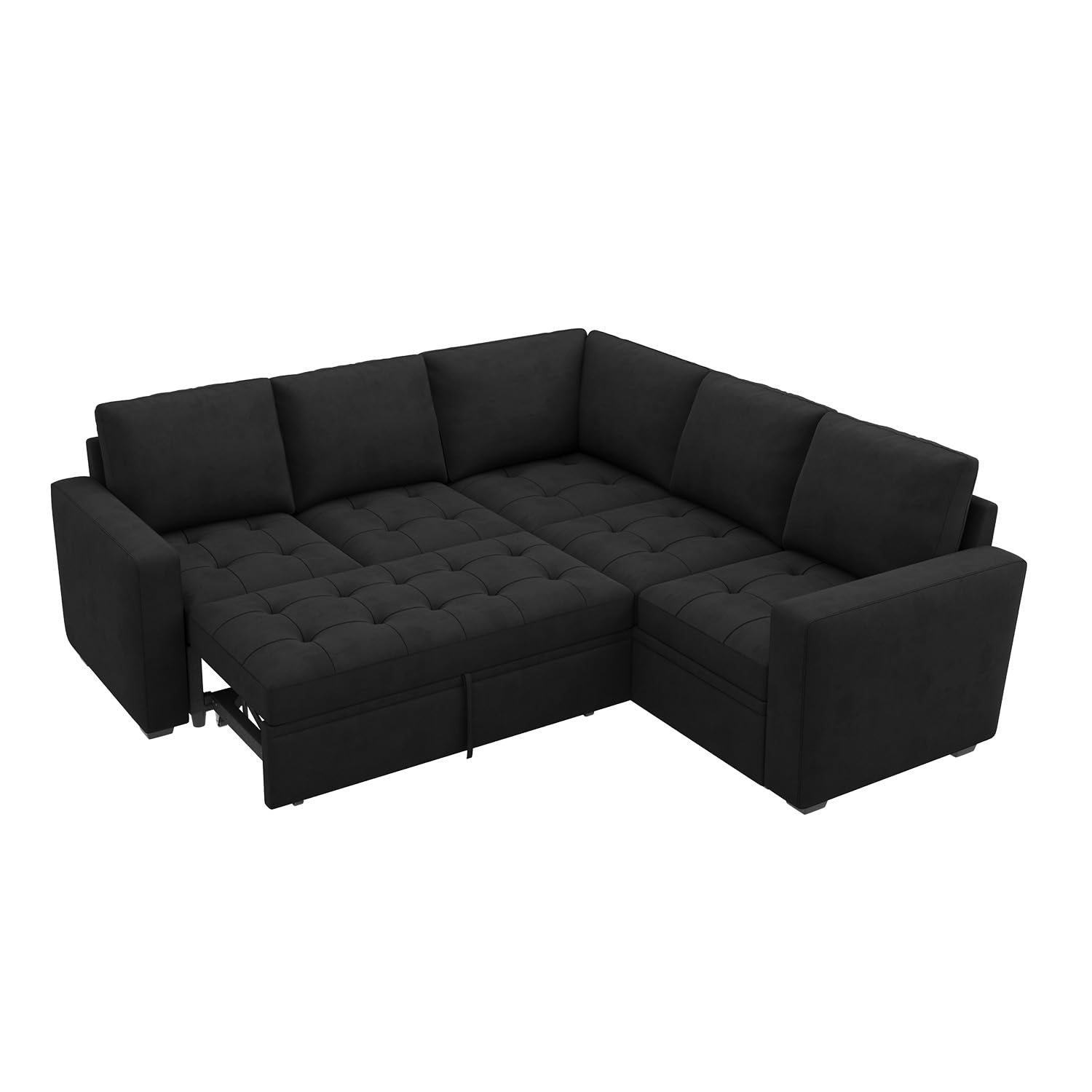 HONBAY Modular Sectional Sleeper Sofa with Pull Out Bed, Velvet Convertible L Shaped Sectional Couch with Storage Seat, Sectional Couches for Living Room, Balck