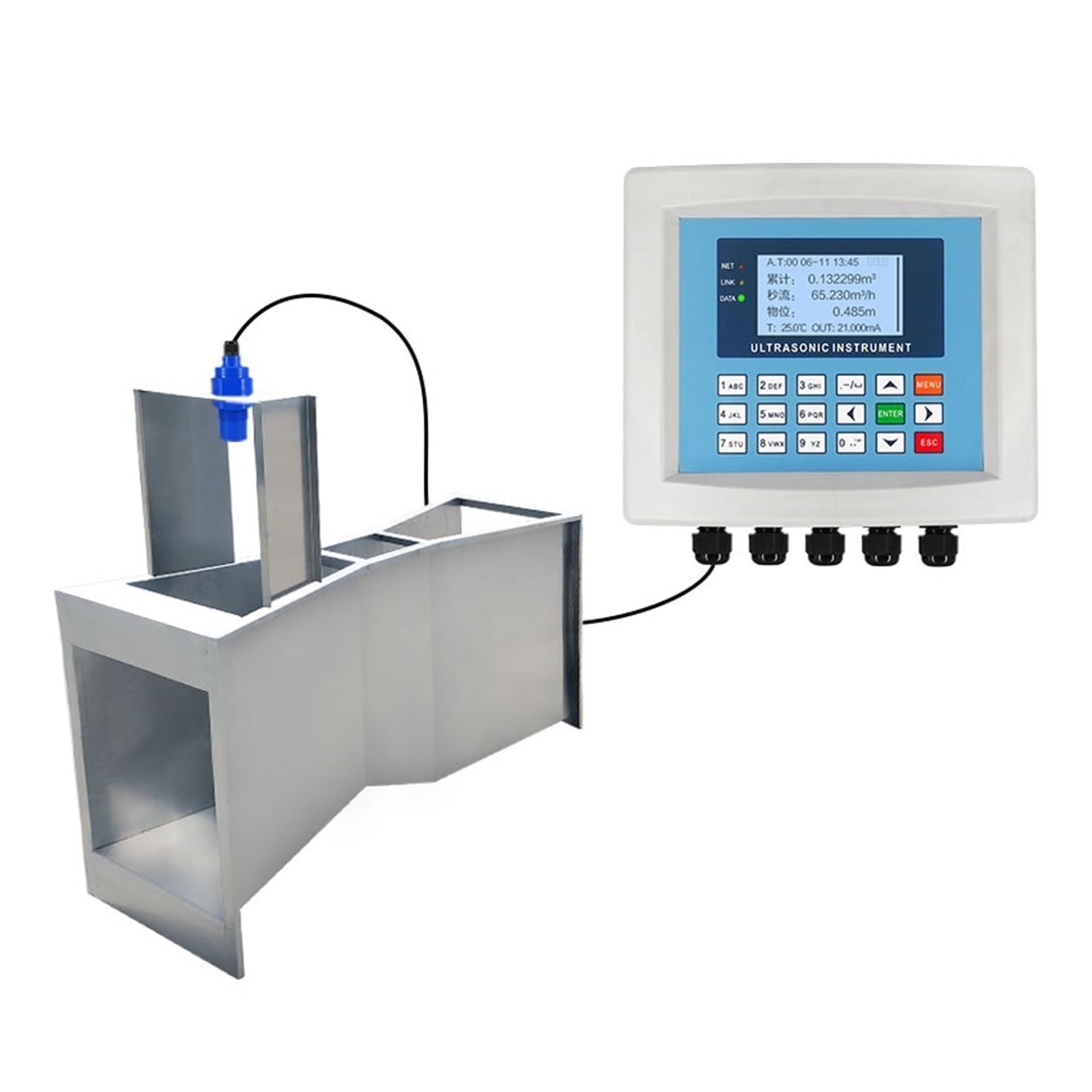 Integrated Open Channel Ultrasonic Flow Meter, Flume Farmland Irrigation Sewage Flow Meter 4-20mA with 10m Cable - Long Lasting(with Micro Printer)