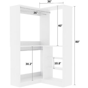 Unikito Corner Closet System, 36 Inch Large Freestanding Closet Organizer System with 2 Hanging Rods and Storage Shelves, Sturdy Walk in Closet Tower, 36" W x 36" D x 80" H, White