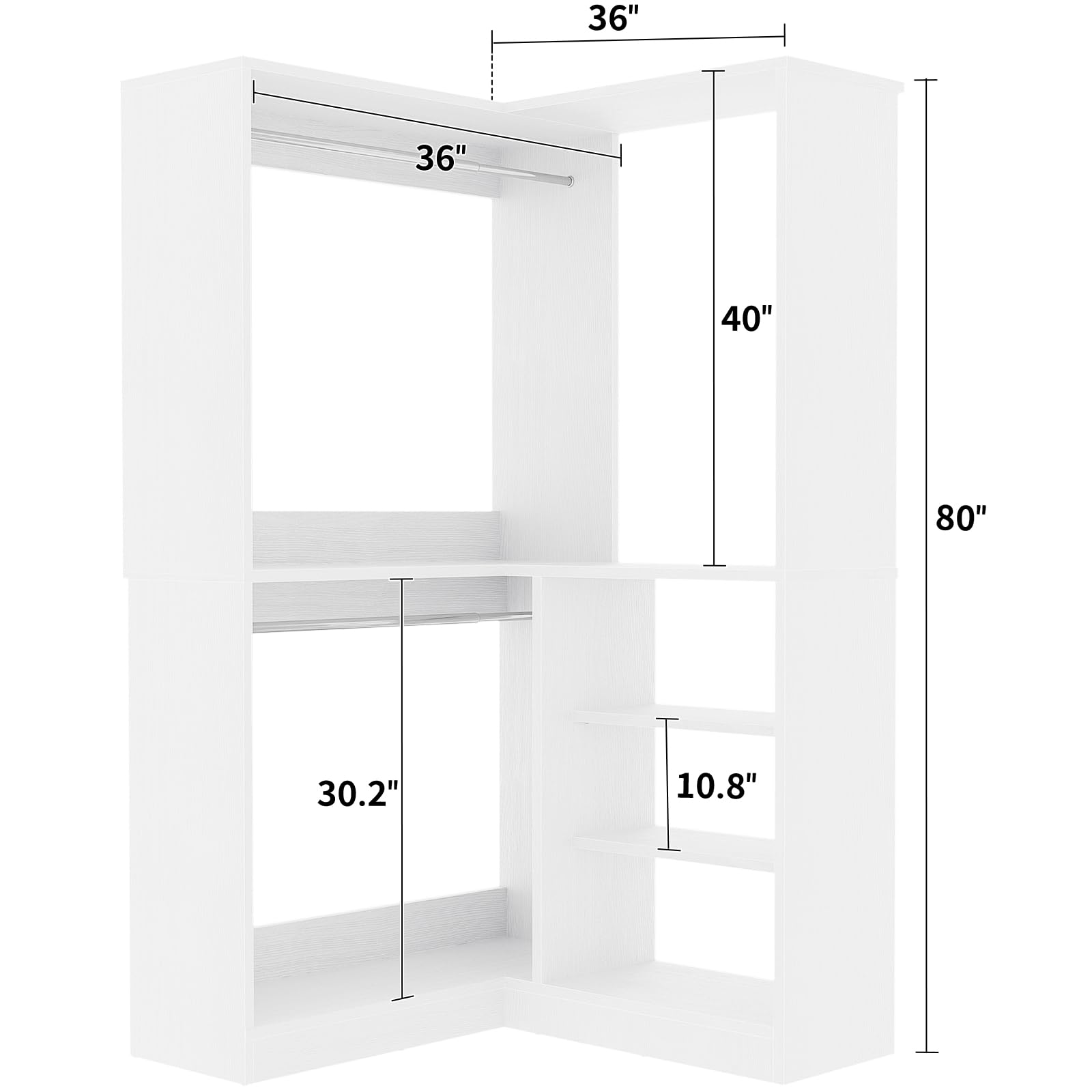 Unikito Corner Closet System, 36 Inch Large Freestanding Closet Organizer System with 2 Hanging Rods and Storage Shelves, Sturdy Walk in Closet Tower, 36" W x 36" D x 80" H, White