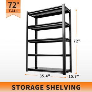 5 Tier Garage Shelving Units 72" H Storage Adjustable Shelves 2500LBS Heavy Duty Metal Shelves Utility Industrial Shelving Rack for Garage Warehouse Pantry Basement,Black (15.7" D×35.4" W×72" H)