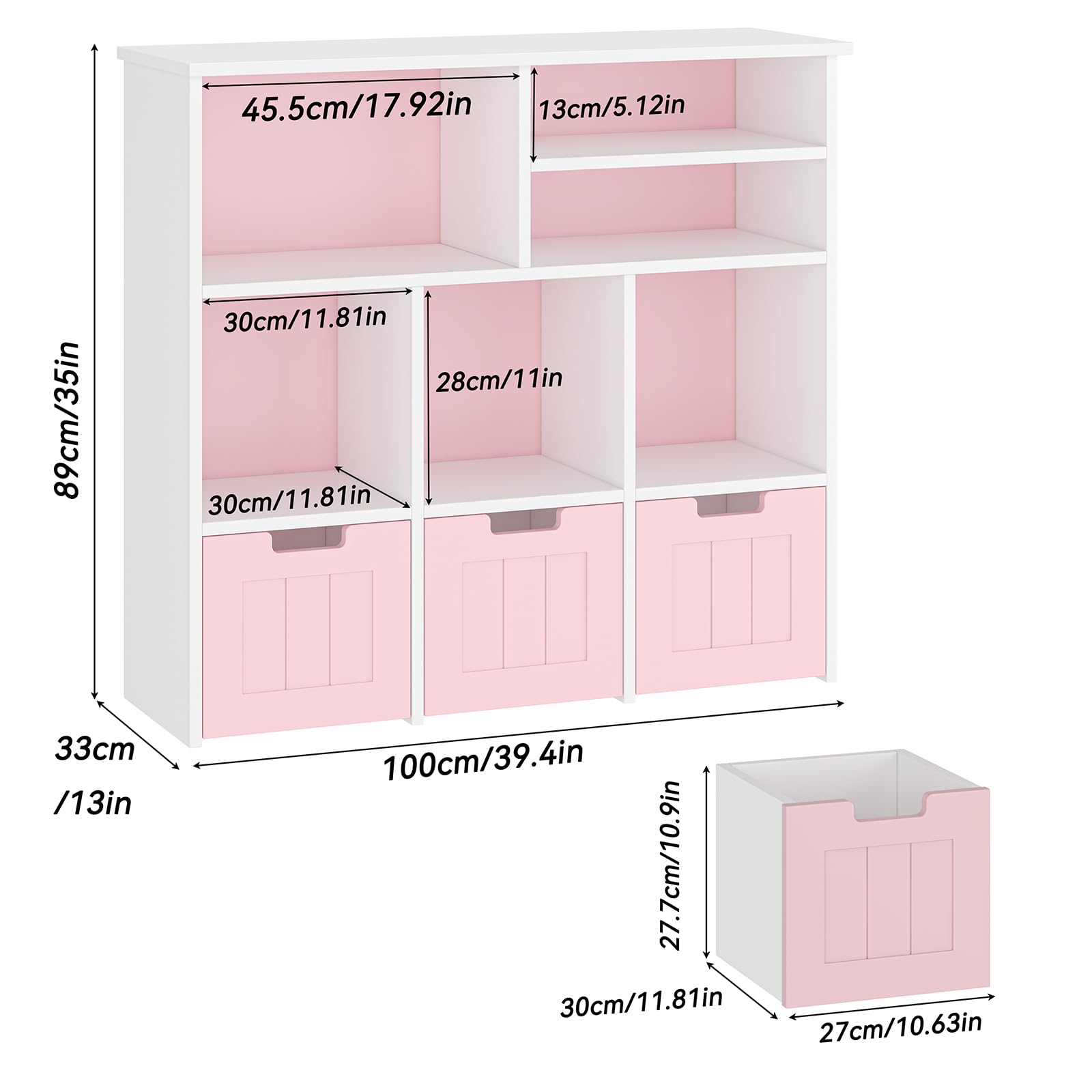 GarveeHome Toy Storage Organizer Kids Bookcase with 3 Movable Drawers Toy Storage Cabinet with Hidden Wheels Multifunctional Storage Chest for Playroom,Nursery and Bedroom, Pink