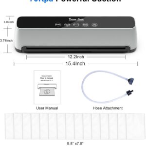 Vacuum Sealer, 80 Kpa One-Touch Full Automatic Vacuum Sealer with LED Touch Screen Indicator Lights, 15 Seal Bags & 1 Air Suction Hose, Air Sealing System for Food Storage Dry/Moist Modes