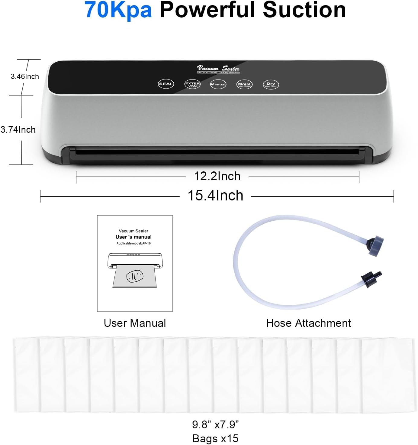 Vacuum Sealer, 80 Kpa One-Touch Full Automatic Vacuum Sealer with LED Touch Screen Indicator Lights, 15 Seal Bags & 1 Air Suction Hose, Air Sealing System for Food Storage Dry/Moist Modes