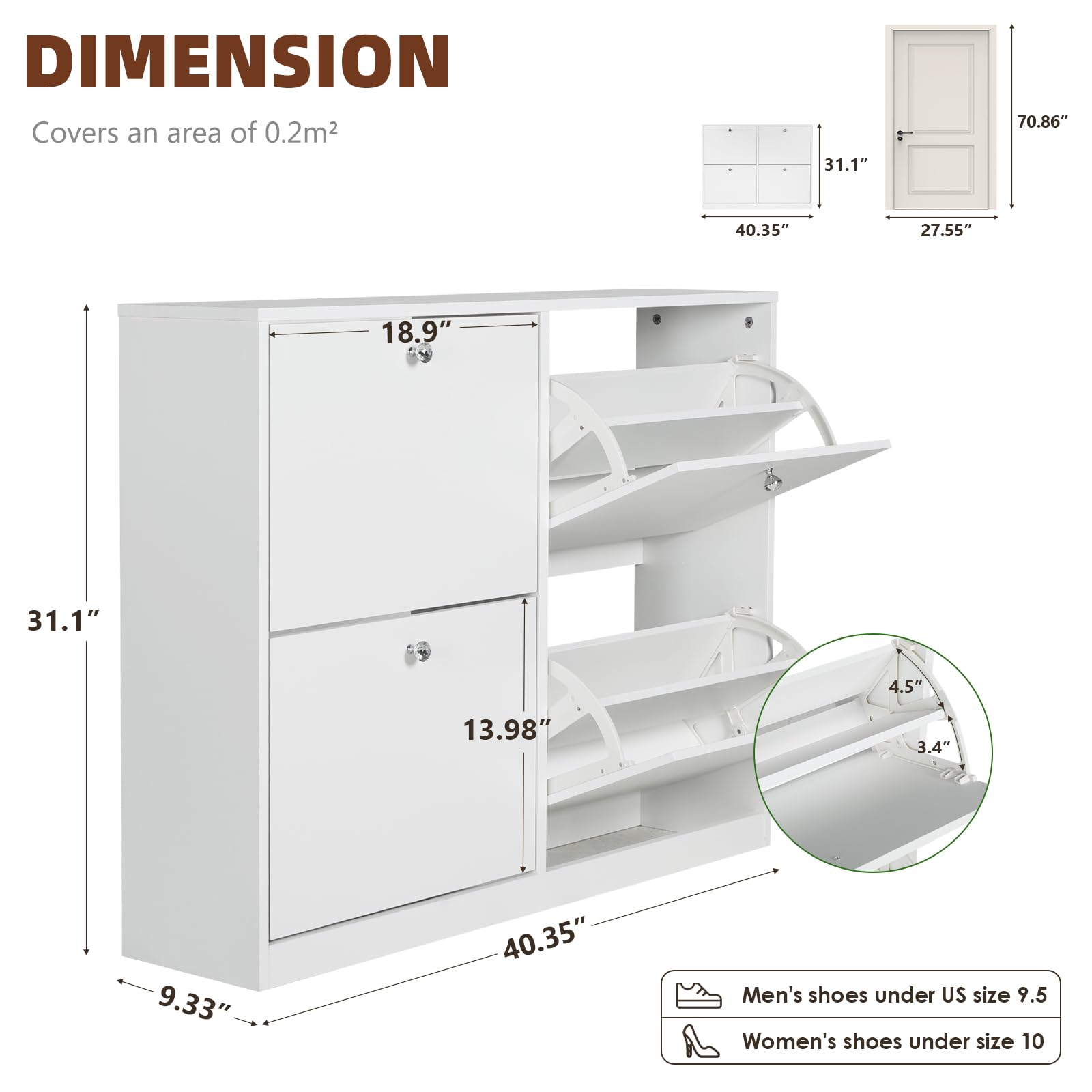 Deipto Shoe Storage Cabinet for Entryway, 3 Tier Wood Shoe Organizer Cabinet with Flip Drawers ＆ Lnduction Led Light, White Narrow Hidden Shoe Rack Cabinet for Front Door Entrance (White, 4-Drawers)