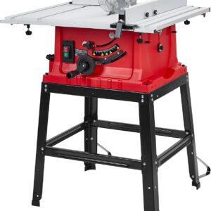 10 Inch Table Saw With Stand, 15A 5000RPM Portable Benchtop Table Saw, 90°Cross Cut & 0-45°Bevel Cut Portable Table Saw with Dust Collector for Diy Woodworking, Adjustable Blade Height, Red