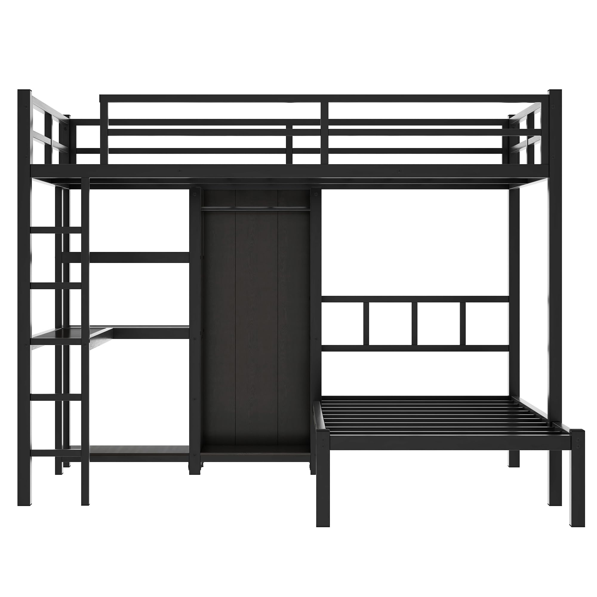 Full XL Over Twin Bunk Bed with Desk and Storage Shelf, Heavy Duty Bunk Bed with Wardrobe and Guardrail, Full XL Over Twin Bunk Bed for Teens, Kids, L-Shaped Bunk Bed Balck