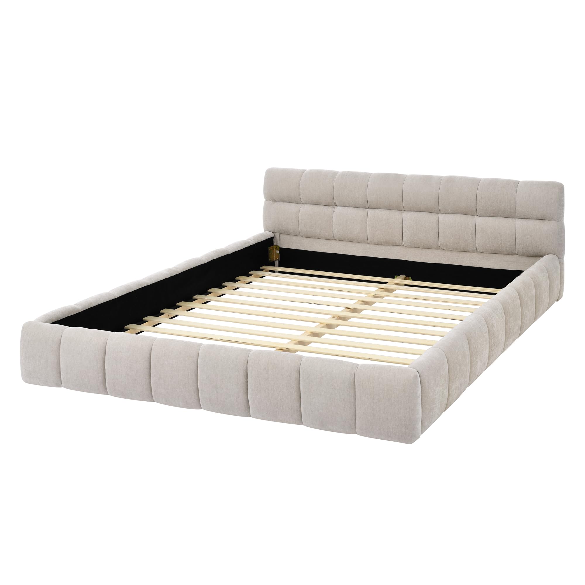 DEINPPA Queen Modern Bed, Chenille Upholstered Platform Bed with Cloud Soft Headboard, Grounded Upholstered Wood Base Platform Bed, Italian Style Modern Beds-Beige