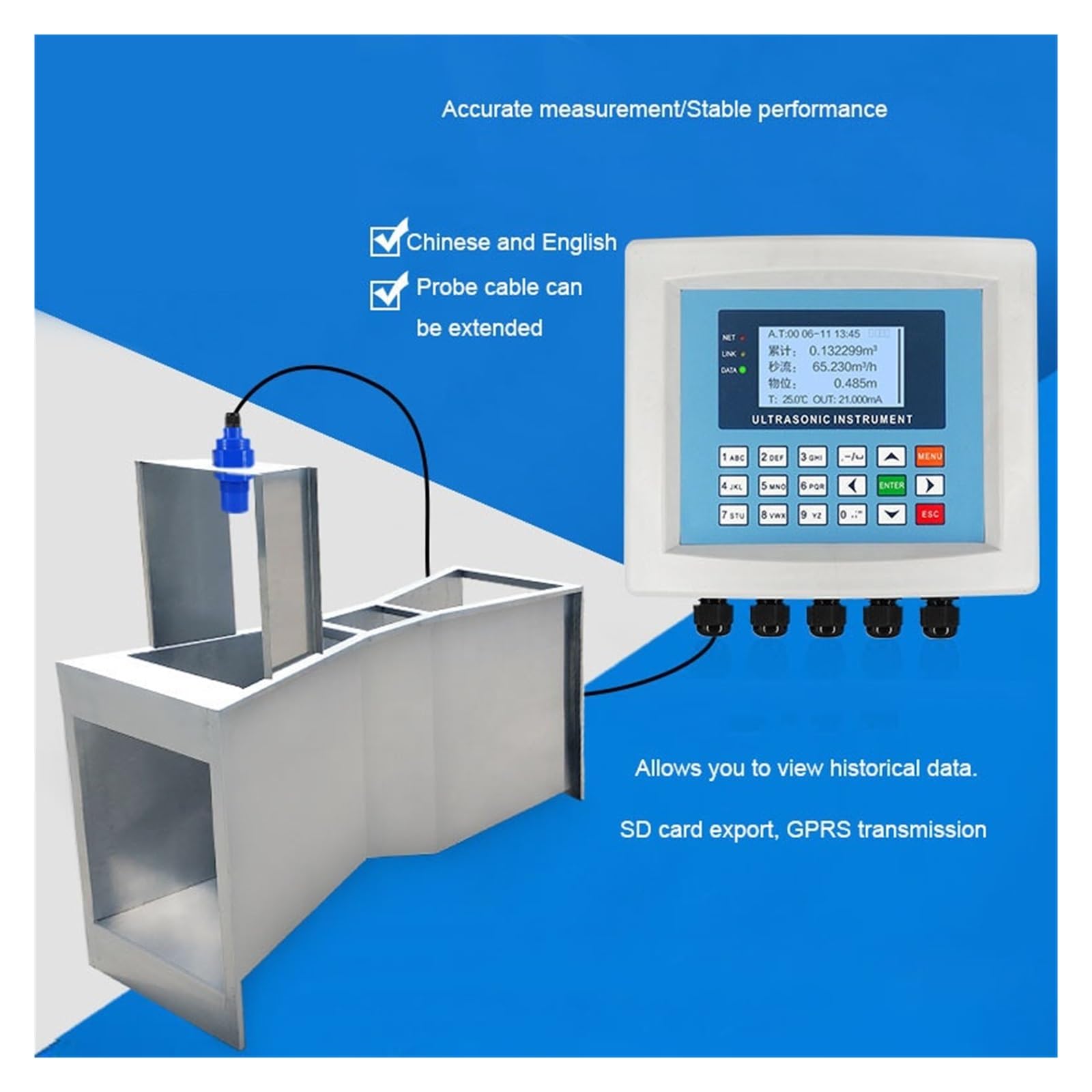 Integrated Open Channel Ultrasonic Flow Meter, Flume Farmland Irrigation Sewage Flow Meter 4-20mA with 10m Cable - Long Lasting(with Micro Printer)