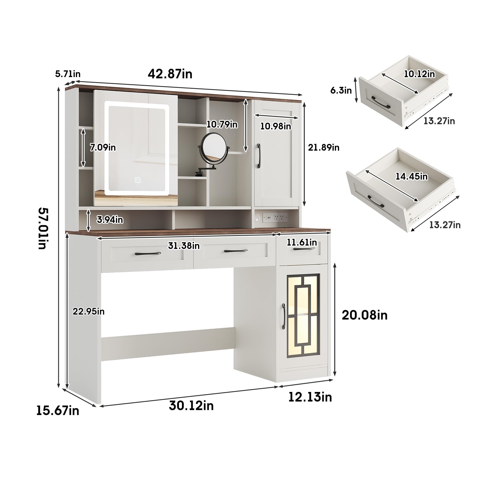 Maupvit Vanity Desk with Mirror and Lights, Makeup Table with Drawers & Jewelry Cabinet, Large Vanity with Storage, Bedroom Dressing Table (White)