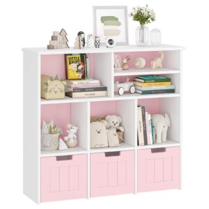 garveehome toy storage organizer kids bookcase with 3 movable drawers toy storage cabinet with hidden wheels multifunctional storage chest for playroom,nursery and bedroom, pink